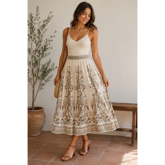Max Studio London Dresses & Skirts - Max Studio London Floral Linen Blend Midi Skirt Cream Green Pink L Cottagecore